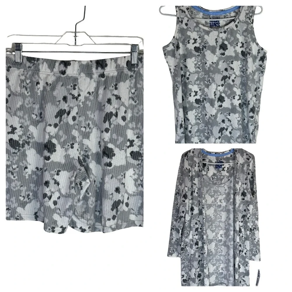 Muk Luks Pajama Set Womens Medium Marble Blur Textured Butter Knit 3pc Tank Wrap